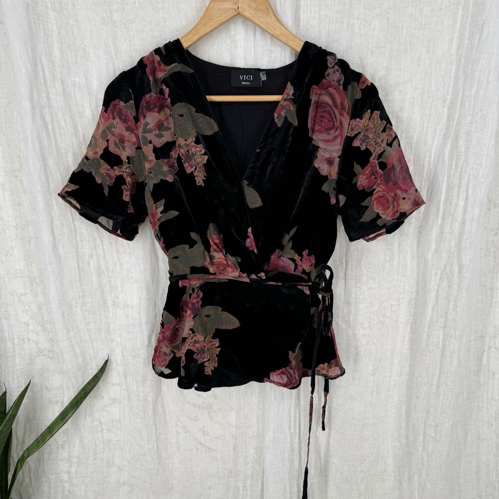 Dark Floral Velvet Burnout Wrap Top S Whimsigoth Romantic Fairy Grunge Y2K Indie